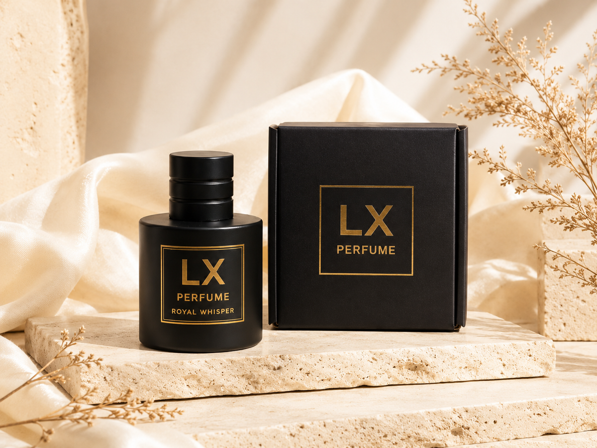 LXPERFUME fragrance bottle on cream stone