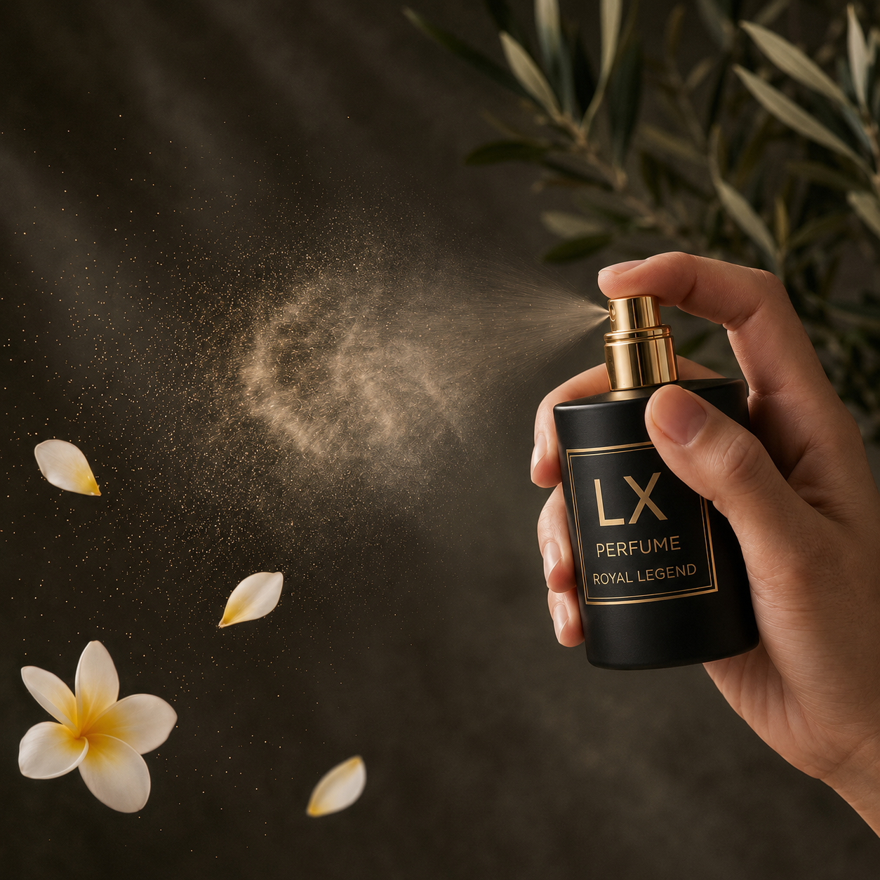 LXPERFUME bottle on a luxury cream stone surface