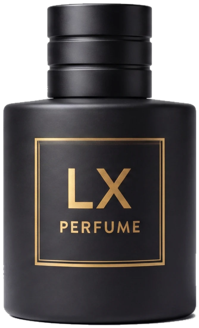 LXPERFUME extrait de parfum bottle, matte black with a gold LX label